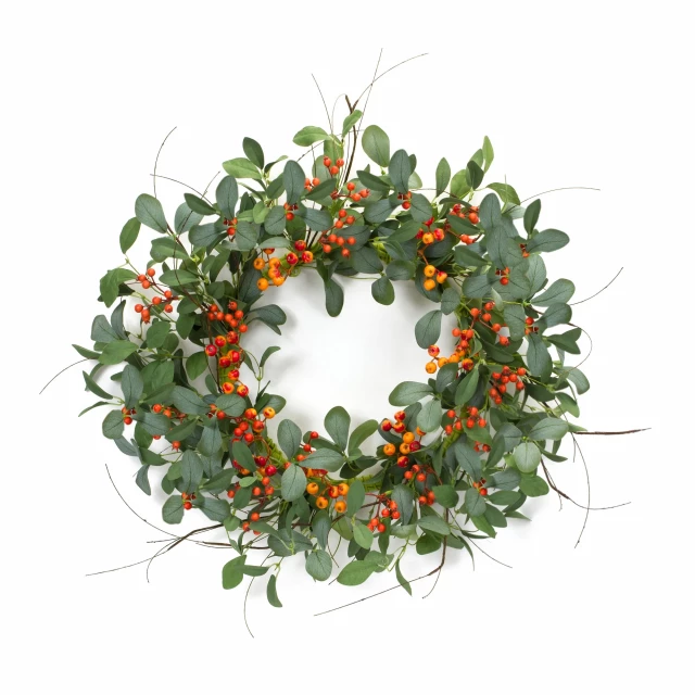 Green orange artificial mixed wreath with plants twigs and flowering elements for home decor
