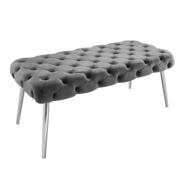 Gray silver upholstered velvet bench with clean lines and metal accents for modern comfort