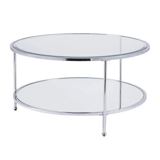 Round mirrored glass and metal coffee table for modern living room decor