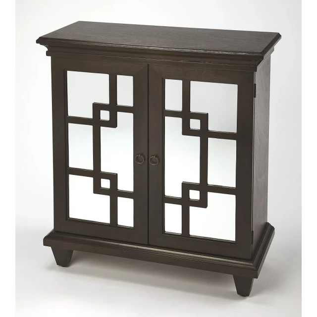 Brown fret work mirrored accent chest with wood art and hardwood design