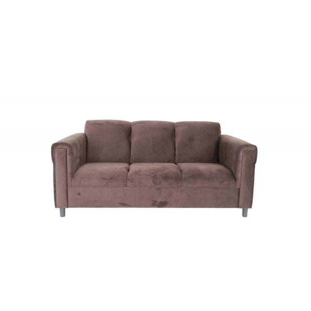 Dark brown suede black sofa with comfortable cushions and wooden frame in a studio setting