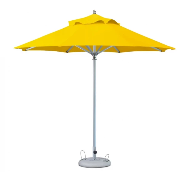 Yellow polyester round market patio umbrella with white shade and electric blue accents
