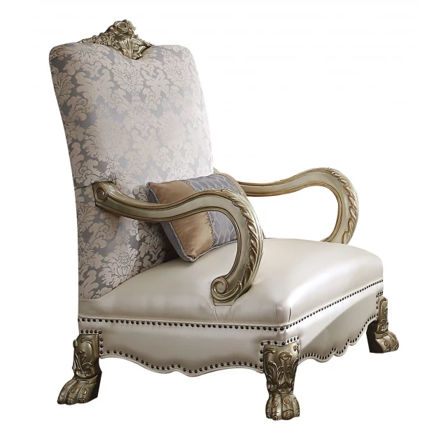 Gold faux leather damask arm chair with comfortable beige cushion and elegant design