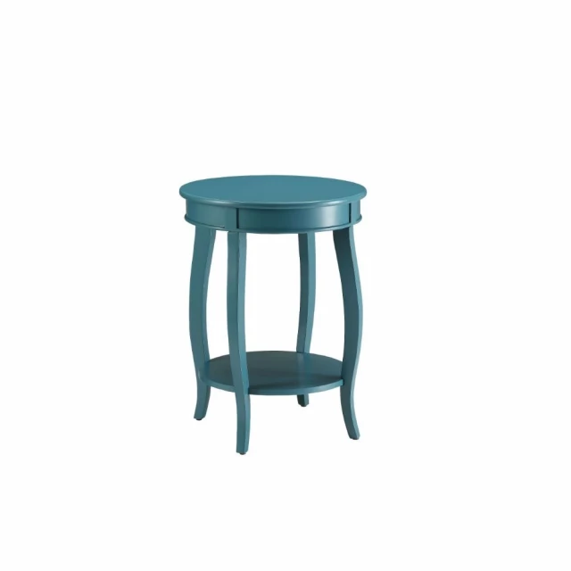 Solid wood round end table with shelf in furniture setting
