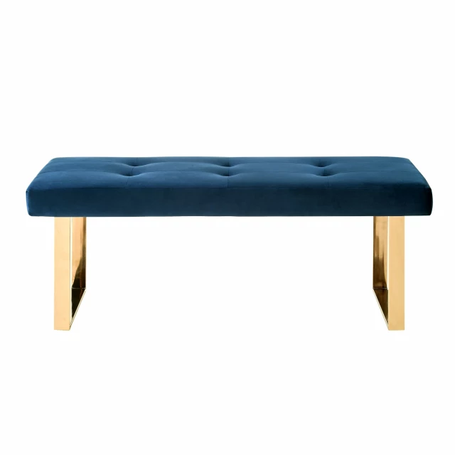Navy blue gold upholstered velvet bench with wooden legs