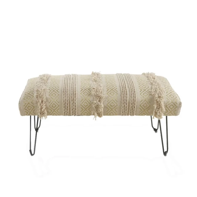 Gold geometric upholstered bench with black legs and woolen accents