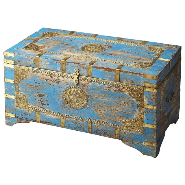Hand painted brass inlay storage trunk with wood patterns and electric blue accents