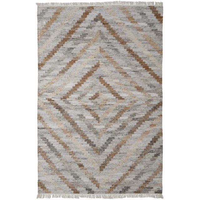 woven stain resistant area rug with fringe in brown and beige rectangular pattern