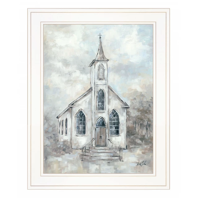 Faith white framed print wall art featuring house illustration and wood facade