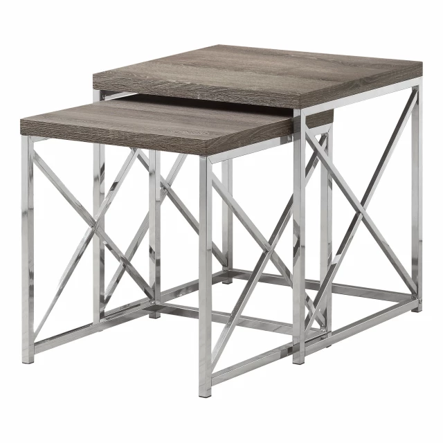 Silver deep taupe nested tables with metal composite material in an outdoor setting