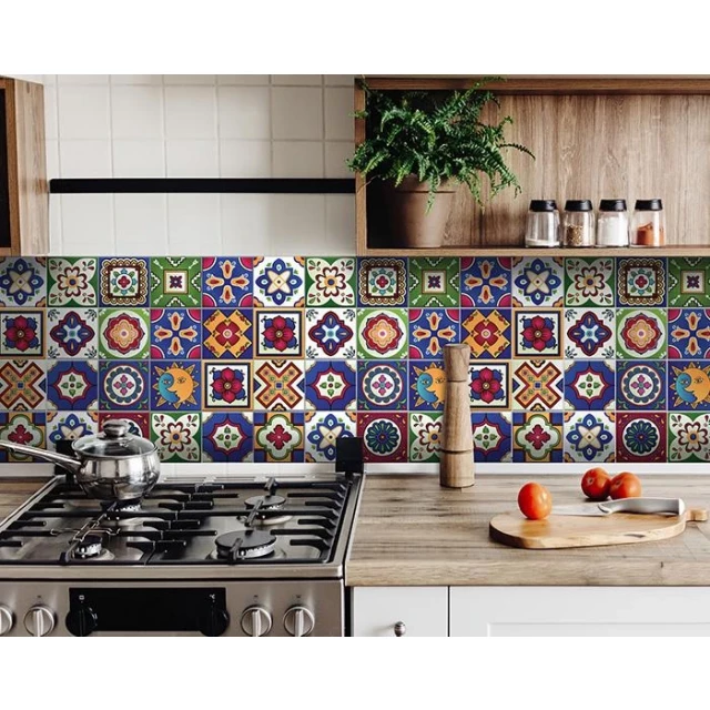 celestial mosaic peel stick removable tiles in kitchen with plant and flowerpot