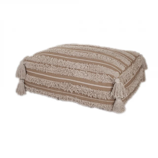 Camel fringe striped pouf with wooden accents and fashion accessory elements