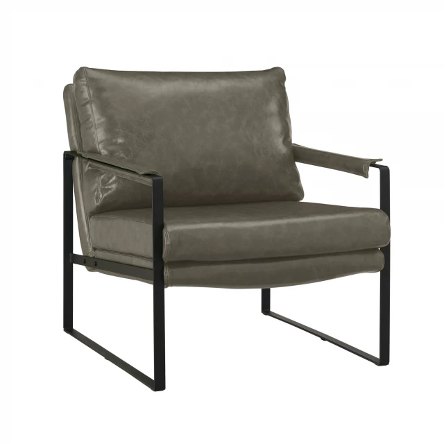 Gray faux leather armchair with wood and metal accents suitable for outdoor use