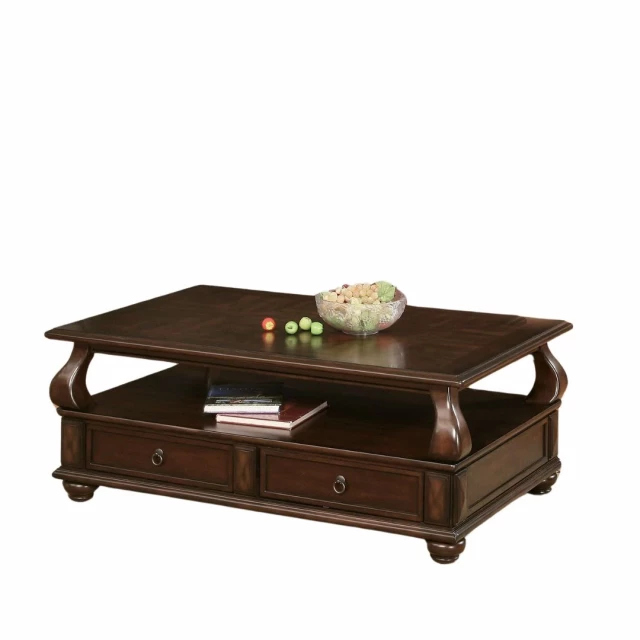 Solid wood coffee table with drawers and shelf surrounded by tableware and plants