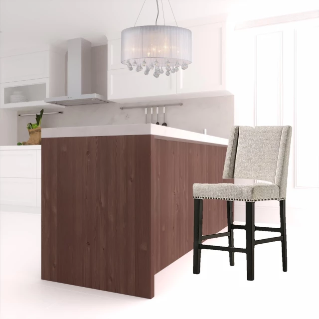 Fawn espresso iron bar chairs in a stylish interior with wood cabinetry and window