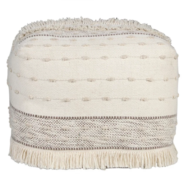 Cream cotton striped pouf ottoman with woven fabric pattern in beige