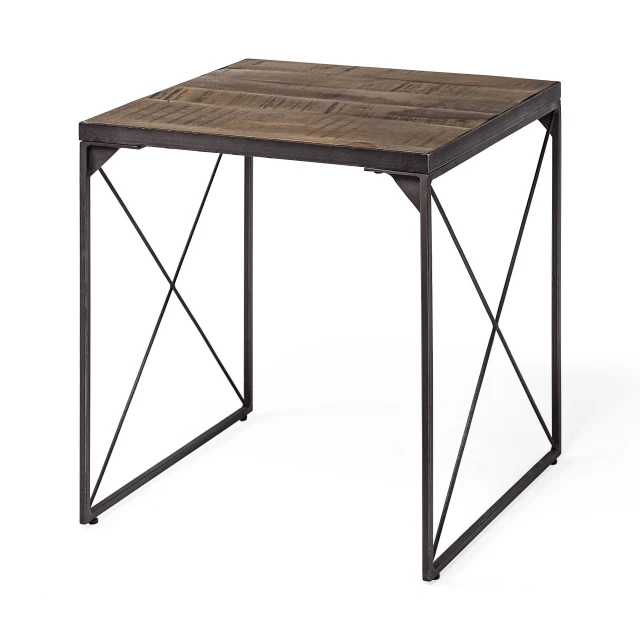 Square iron cross-braced side table with hardwood top for outdoor and indoor use