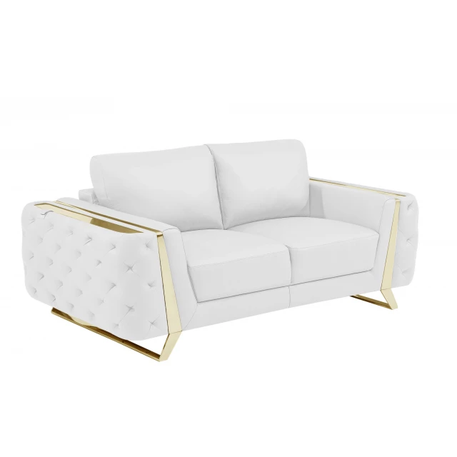 White gold genuine leather loveseat with comfortable armrests and wooden details