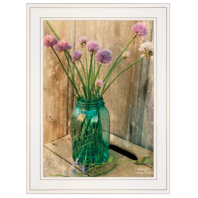 Chives white framed print wall art featuring flowers in a vase with petal and flowerpot details