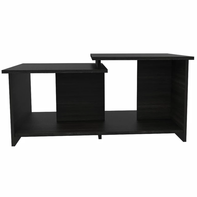 Black manufactured wood rectangular coffee table with plywood finish and handles