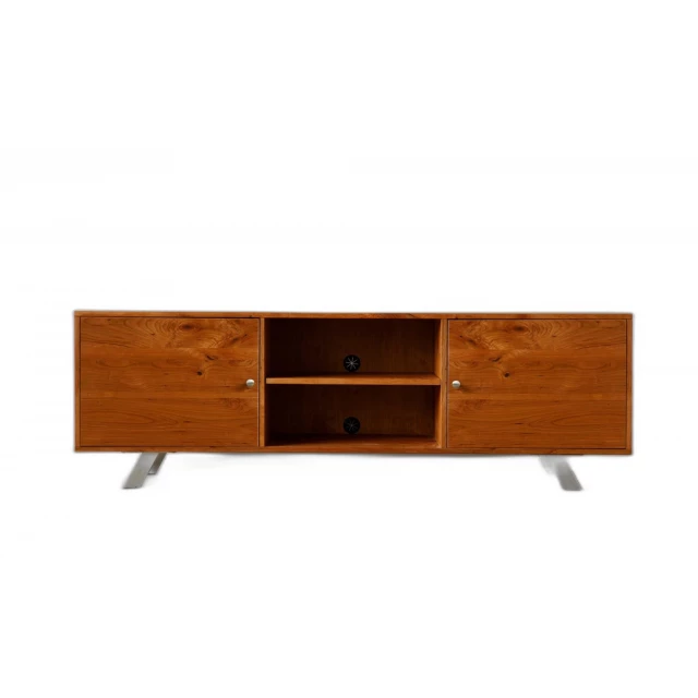 Wood cabinet TV stand with enclosed storage and natural hardwood finish
