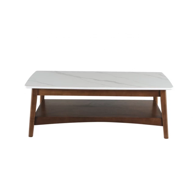 White stone rectangular coffee table with shelf for modern living room decor