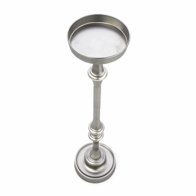 Brushed silver finish drink accent table with circular metal and glass design