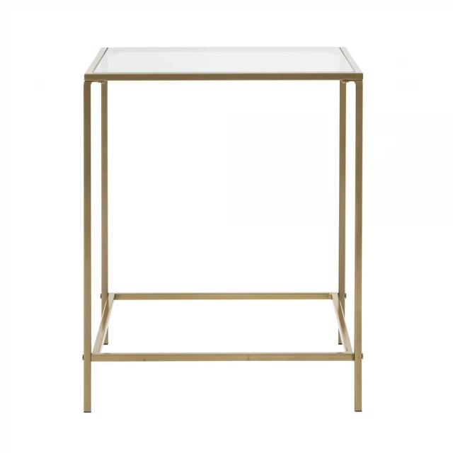 Minimalist clear glass gold side table with metal accents and balanced design