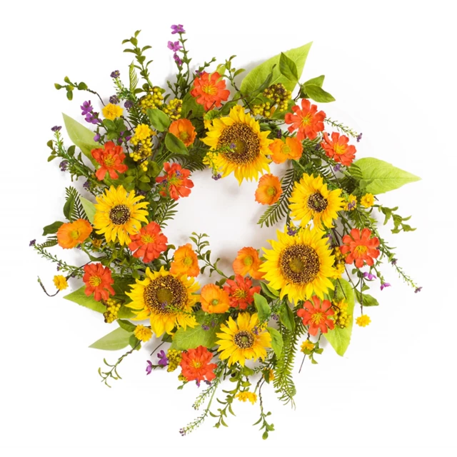 Green and yellow artificial sunflower wreath for summer decoration