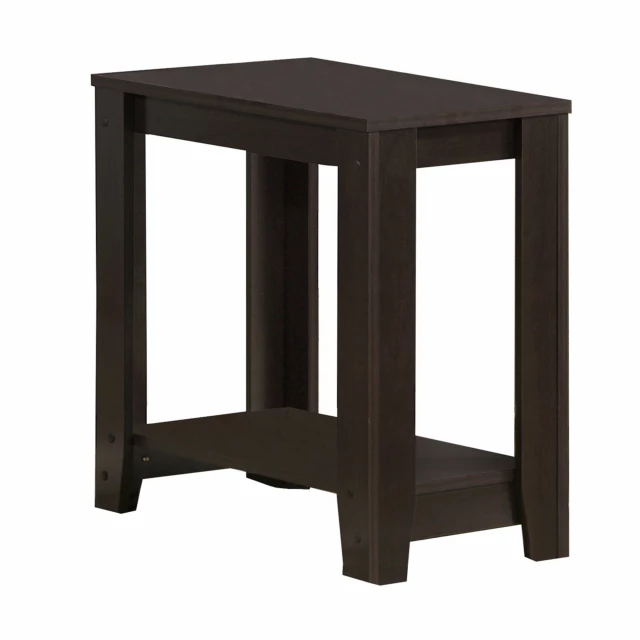 Dark brown end table shelf with wood stain and plank design suitable for outdoor use