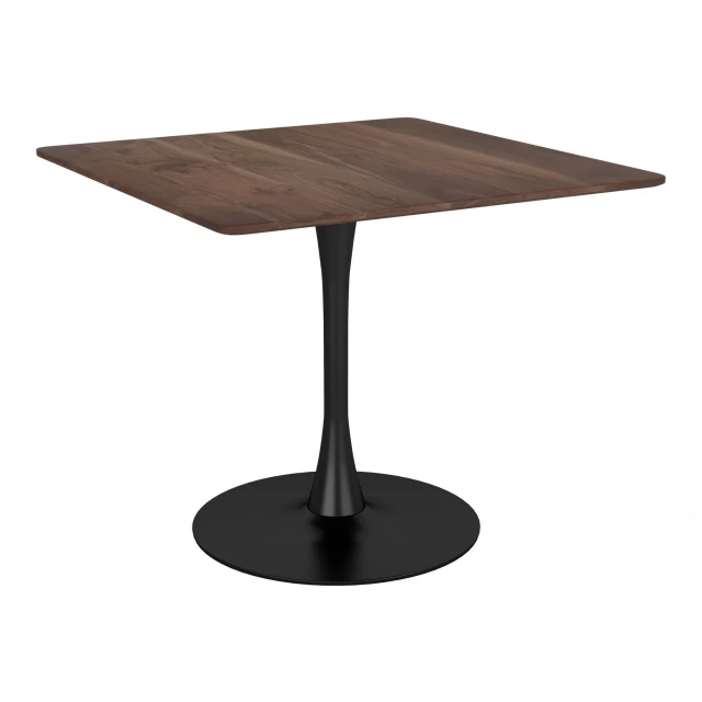 Square brown black pedestal dining table with wood metal blend and wood stain finish