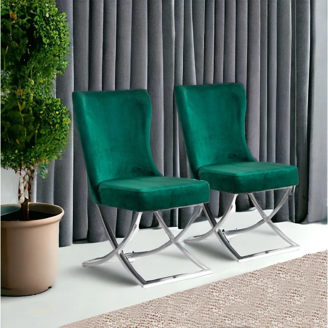 Silver upholstered microfiber dining side chairs with green and purple accents in an interior design setting