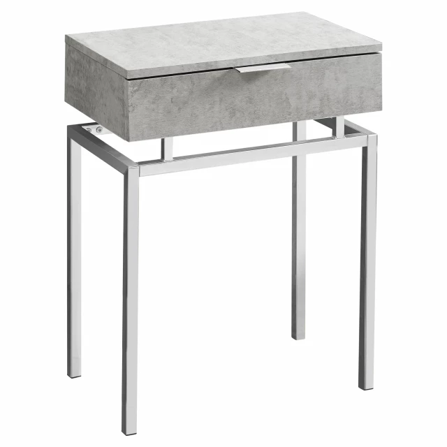 Silver gray end table with drawer and wood stain finish