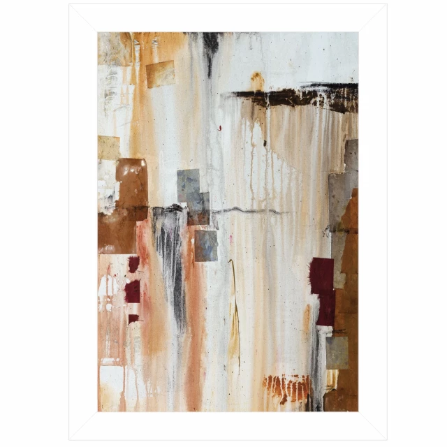 White framed print of abstract blocks in tints and shades with beige art elements
