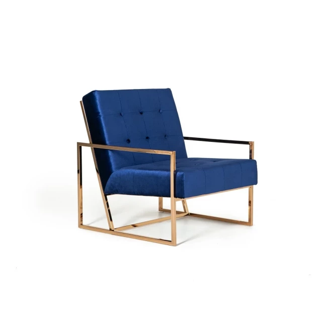 Gold fabric square back accent chair with armrests and wood details in electric blue color.