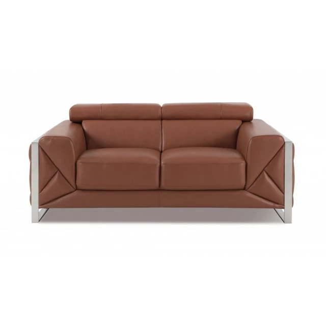 Camel silver Italian leather loveseat with brown rectangle studio couch design suitable for comfort and style
