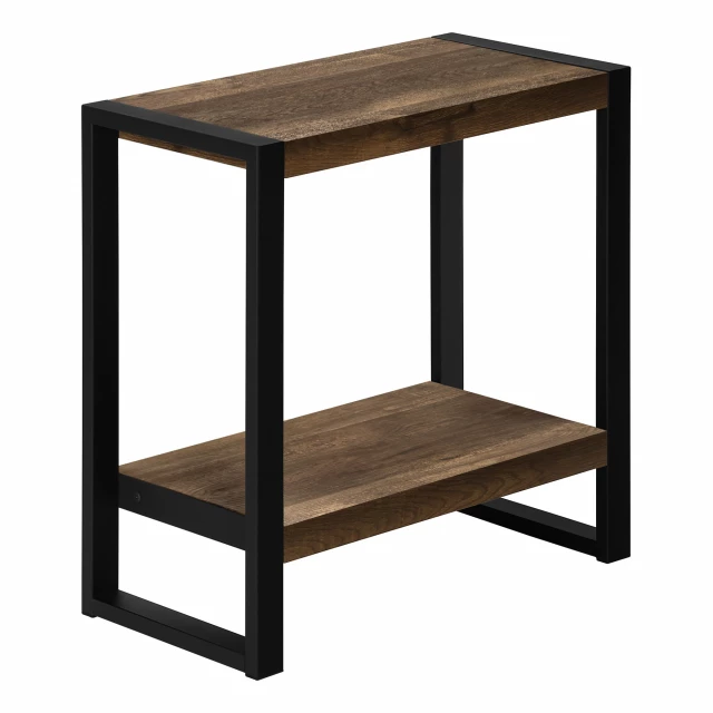Black brown end table shelf with pedestal base in hardwood and natural wood stain finish