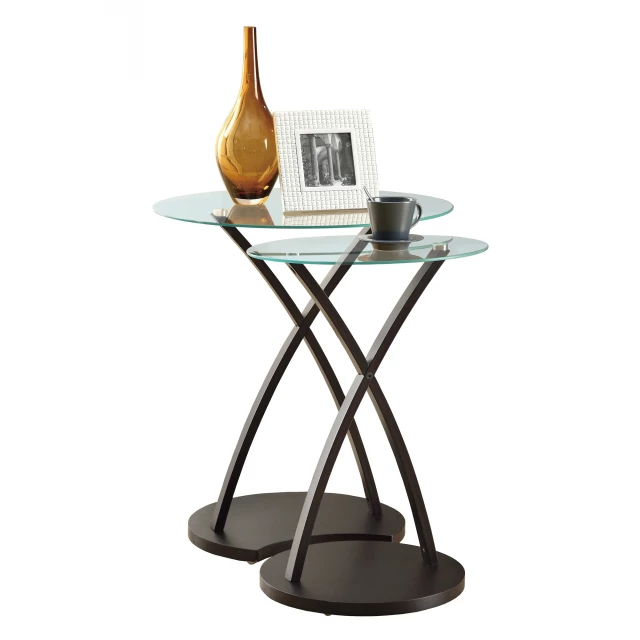 Brown clear glass round nested tables in a set with wood accents for home decor
