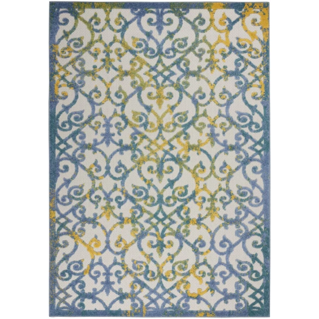 blue floral indoor outdoor area rug with azure rectangle pattern and electric blue motif