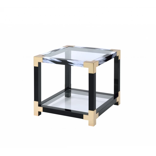 Clear glass mirrored end table with wood and metal shelving