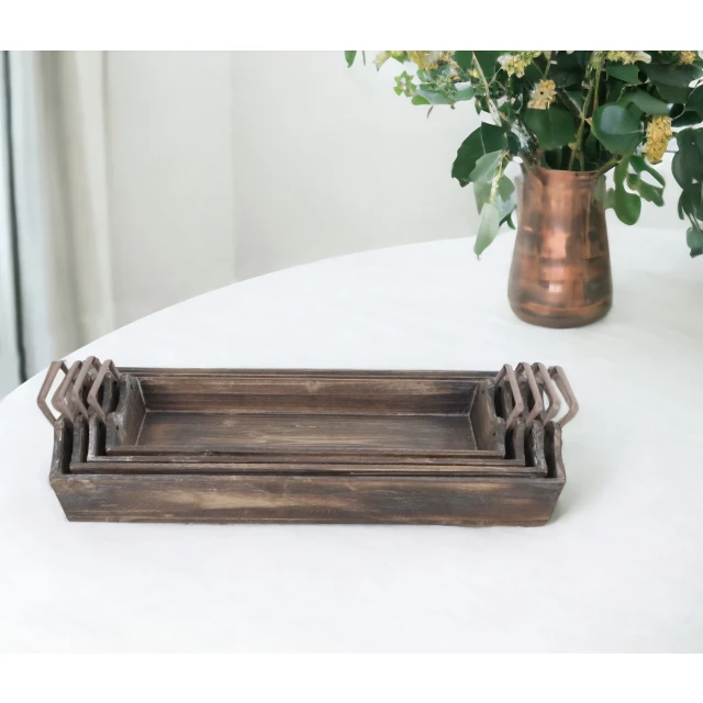 brown rectangular wood handmade tray with handles on table with plant and vase
