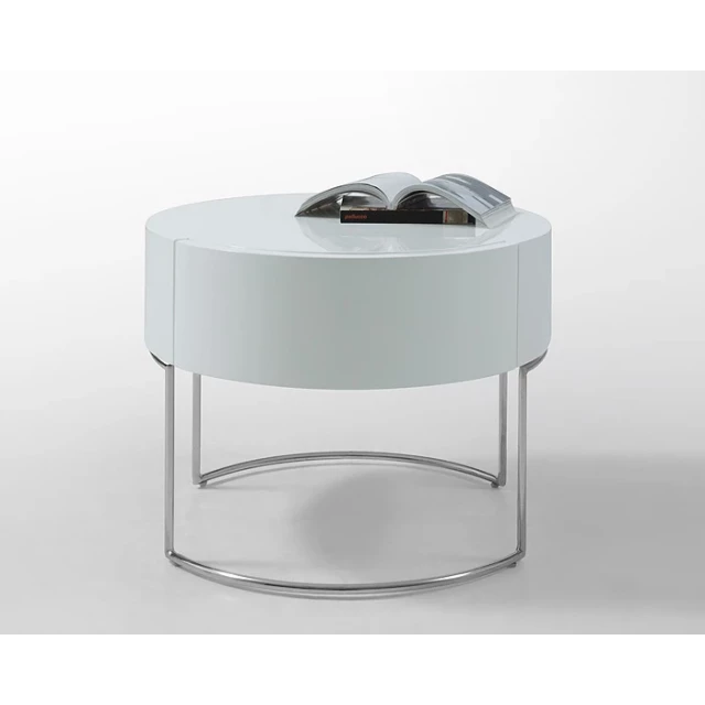 White lacquer stainless steel nightstand with minimalist design for modern bedroom decor