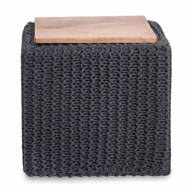 Gray cotton blend brown pouf ottoman with wood accents and tableware design elements