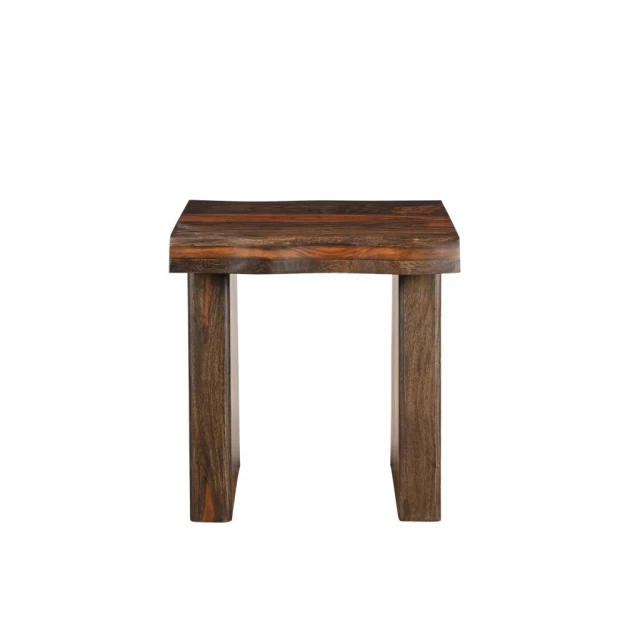 Dark brown solid wood end table with wood stain and plank design for outdoor furniture