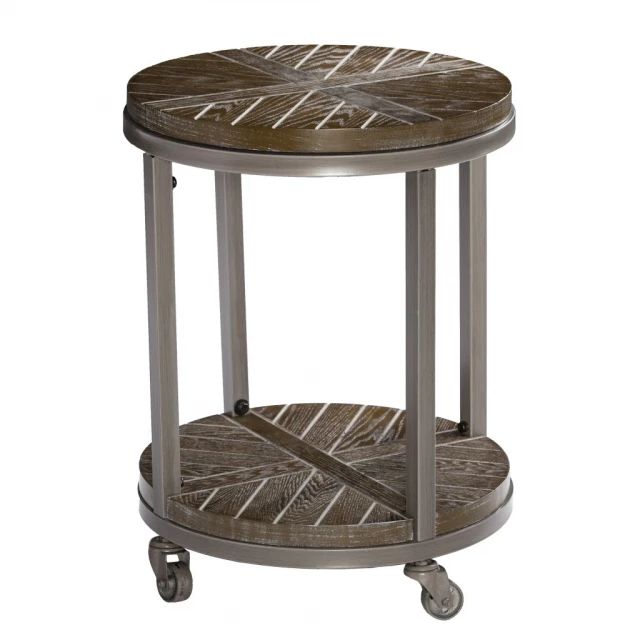 Round end table with wood top and iron legs featuring a lower shelf for storage