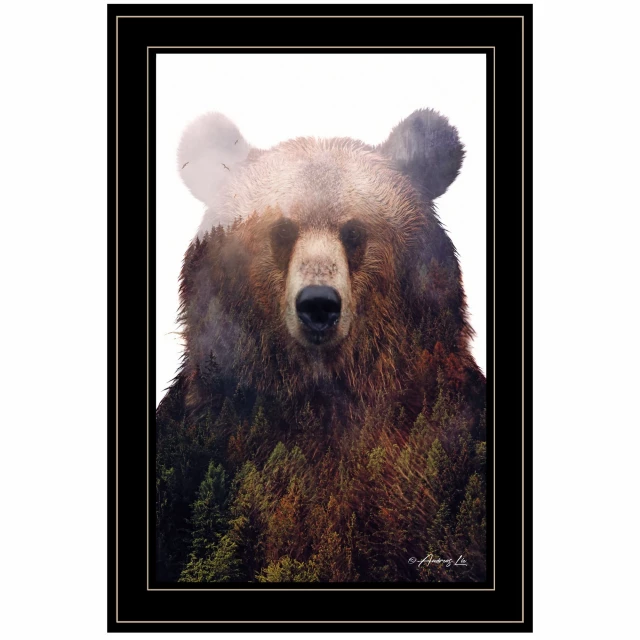 Forest black framed print wall art featuring a bear in a woodland setting