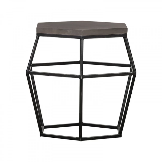 Concrete black metal hexagonal end table in a modern furniture setting