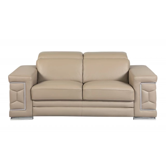 Beige silver genuine leather love seat with comfortable cushioning and modern design