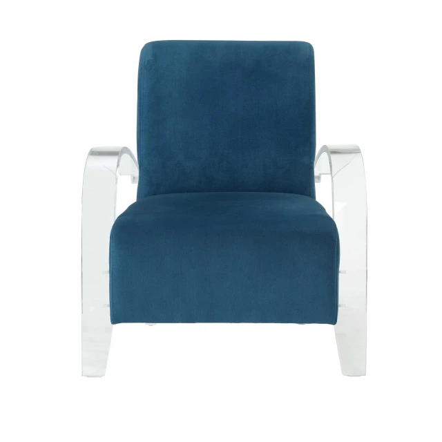 Teal velvet accent chair with clear arms and comfortable plush seating