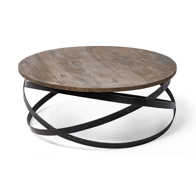 Solid wood metal round coffee table with circle and rectangle design elements